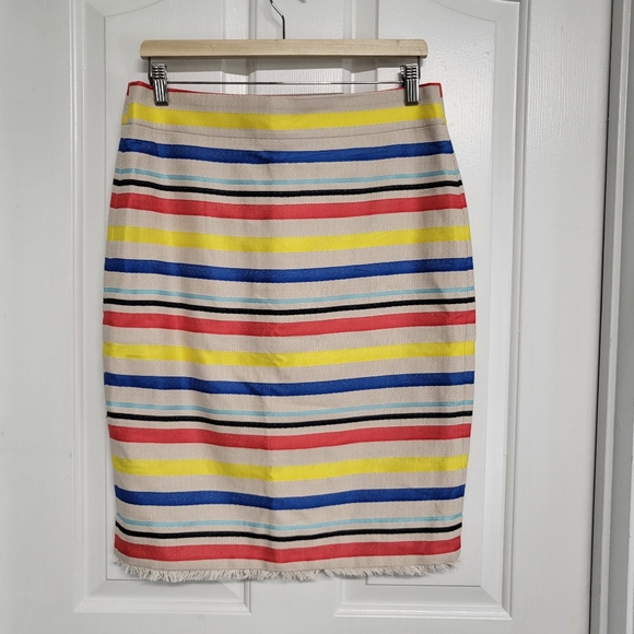 NWT J.CREW The Pencil Skirt Colorful Jacquard Striped Fringe Hem E8728 Size 12P. - Picture 2 of 8